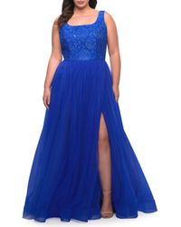 La Femme - A-Line Tulle And Lace Plus Size Gown With Slit - Lyst
