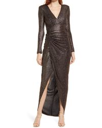 Vince Camuto - Metallic Snake Print Long Sleeve V-neck Sheath Gown In Gold At Nordstrom Rack - Lyst