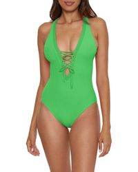 Becca - Modern Edge Ribbed Lace-Up Plunge One-Piece Swimsuit - Lyst