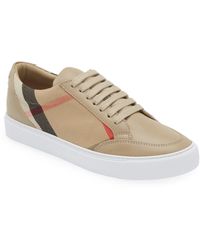 Burberry - Check Detail Leather & Canvas Sneaker - Lyst