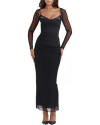 House Of Cb - Katrina Lace Mesh Long Sleeve Gown - Lyst