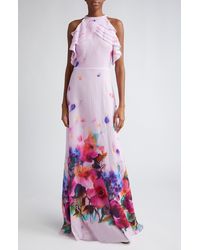 Lela Rose - Watercolor Floral Print Ruffle Cotton Voile Gown - Lyst