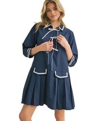 Knit & Lounge - Pleated Contrast Trim Front Tie Mini Dress - Lyst