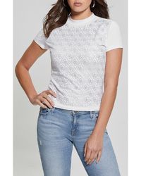 Guess - Rhinestone Pattern Mock Neck Organic Cotton Blend Top - Lyst