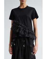 Noir Kei Ninomiya - Asymmetric Ruffle Organza Detail Cotton T-shirt - Lyst