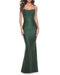 La Femme - Ruched Jersey Dress With Illusion Corset Lace Top - Lyst