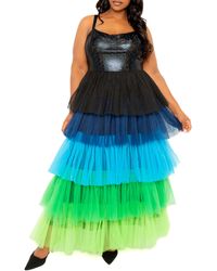 Buxom Couture - Colorful Tiered Faux Leather & Tulle Maxi Dress - Lyst