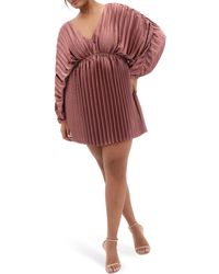 City Chic - Chloe Pleated Long Sleeve Satin Minidress - Lyst