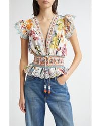 FARM Rio - Greek Garden Swiss Dot Flutter Sleeve Plunge Neck Cotton Top - Lyst