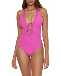 Becca - Modern Edge Ribbed Lace-Up Plunge One-Piece Swimsuit - Lyst