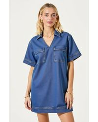 Modenaire - Denim Mini Short Sleeve Chest Patch Pocket Shirt Dress - Lyst