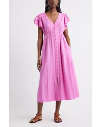 Treasure & Bond - Short Sleeve Button Down Linen Blend Midi Dress - Lyst