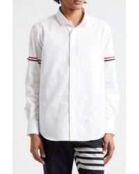 Thom Browne - Straight Fit Stripe Trim Cotton Seersucker Button-up Shirt - Lyst