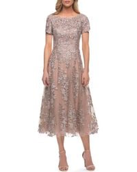 La Femme - Tea Length Mother Of The Bride Dress With Short Sleeves - Lyst