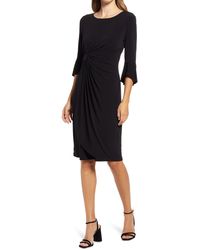 Connected Apparel - Ruched Bell Sleeve Faux Wrap Cocktail Dress - Lyst