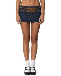 Edikted - Skye Double Buckle Low Rise Denim Miniskirt - Lyst
