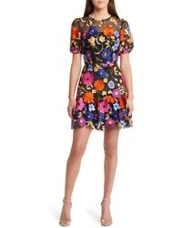 MILLY - Yasmin Floral Embroidered Puff Sleeve Mesh Fit & Flare Dress - Lyst