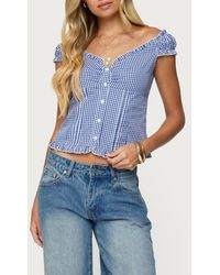 Edikted - Dorothie Gingham Ruffle Crop Cotton Button-Up Shirt - Lyst