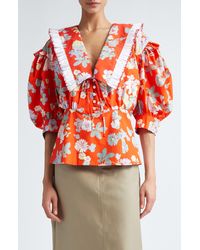 MERYLL ROGGE - Floral Ruffle Collar Puff Sleeve Cotton Top - Lyst