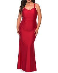 La Femme - Ruched Satin Jersey Gown - Lyst