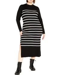 City Chic - Maddie Stripe Long Sleeve Rib Dress - Lyst
