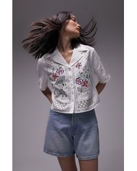 TOPSHOP - Embroidered Crop Cotton & Linen Shirt - Lyst