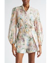 Zimmermann - Halliday Floral Lace Trim Balloon Sleeve Cotton Button-up Shirt - Lyst