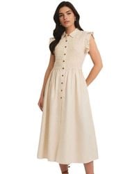 Knit & Lounge - Button-Front Midi Dress With Smocked Bodice And Ruffle Sleeves - Lyst