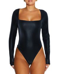 Naked Wardrobe - Liquid Faux Suede Square Neck Long Sleeve Bodysuit - Lyst