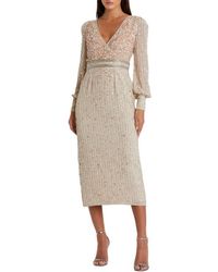 Mac Duggal - V-Neck Sequined Overlay Gown With Long Bishop Sleeves And Embellished Waist - Lyst