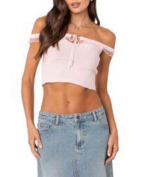 Edikted - Lace Trim Off The Shoulder Knit Cotton Crop Top - Lyst