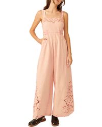 Free People - Leighton Embroidery Detail Wide Leg Cotton Jumpsuit - Lyst