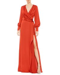 Ieena for Mac Duggal - Wrap Front Long Sleeve Satin A-line Gown - Lyst