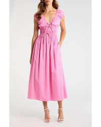 Wayf - Liv Ruched Stretch Cotton Poplin Midi Dress - Lyst
