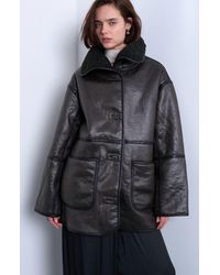 TOPSHOP - Oversize Faux Leather Car Coat With Faux Shearling Lining - Lyst