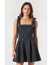 Modenaire - Plaid Mini Dress With Tie-Strap Shoulders And Square Neckline - Lyst