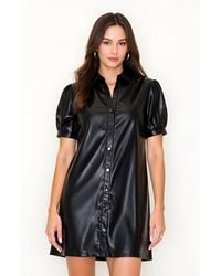 Modenaire - Faux Leather Puff Sleeve Button Front Shirt Dress - Lyst