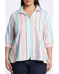 Foxcroft - Agnes Rainbow Stripe Three-quarter Sleeve Cotton Popover Top - Lyst