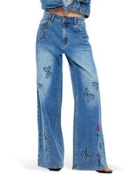 Desigual - Floral Embroidered Butterfly Appliqué Wide Leg Jeans - Lyst