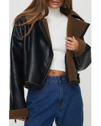 Princess Polly - Faux Leather Crop Jacket With Faux Shearling Trim - Lyst