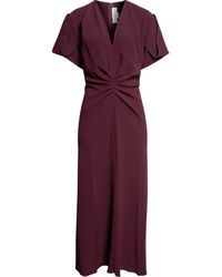 Victoria Beckham - Bella Gathered Waist V-Neck Wool Blend Midi Dress - Lyst