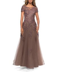 La Femme - A-Line Formal Gown With Floral Lace Appliques - Lyst