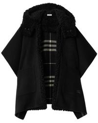 Burberry - Reversible Shearling Trim Check Cashmere Cape - Lyst