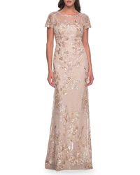 La Femme - Fitted Chic Beaded Dress With Illusion Neckline And Short Sleeves - Lyst