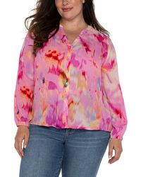 Liverpool Los Angeles - Watercolor Shirred Long Sleeve Chiffon Button-up Top - Lyst
