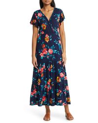 Loveappella - Floral Tiered Faux Wrap Knit Maxi Dress - Lyst