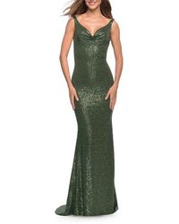 La Femme - Long Stretch Sequin Gown With Low Back - Lyst