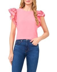 Cece - Embroidered Flutter Sleeve Mixed Media Top - Lyst