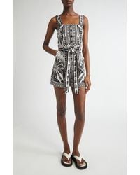 FARM Rio - Monochrome Elegance Scarf Print Belted Linen Blend Romper - Lyst