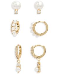 Nordstrom - Set Of 3 Freshwater Pearl & Cubic Zirconia Stud & Hoop Earrings - Lyst